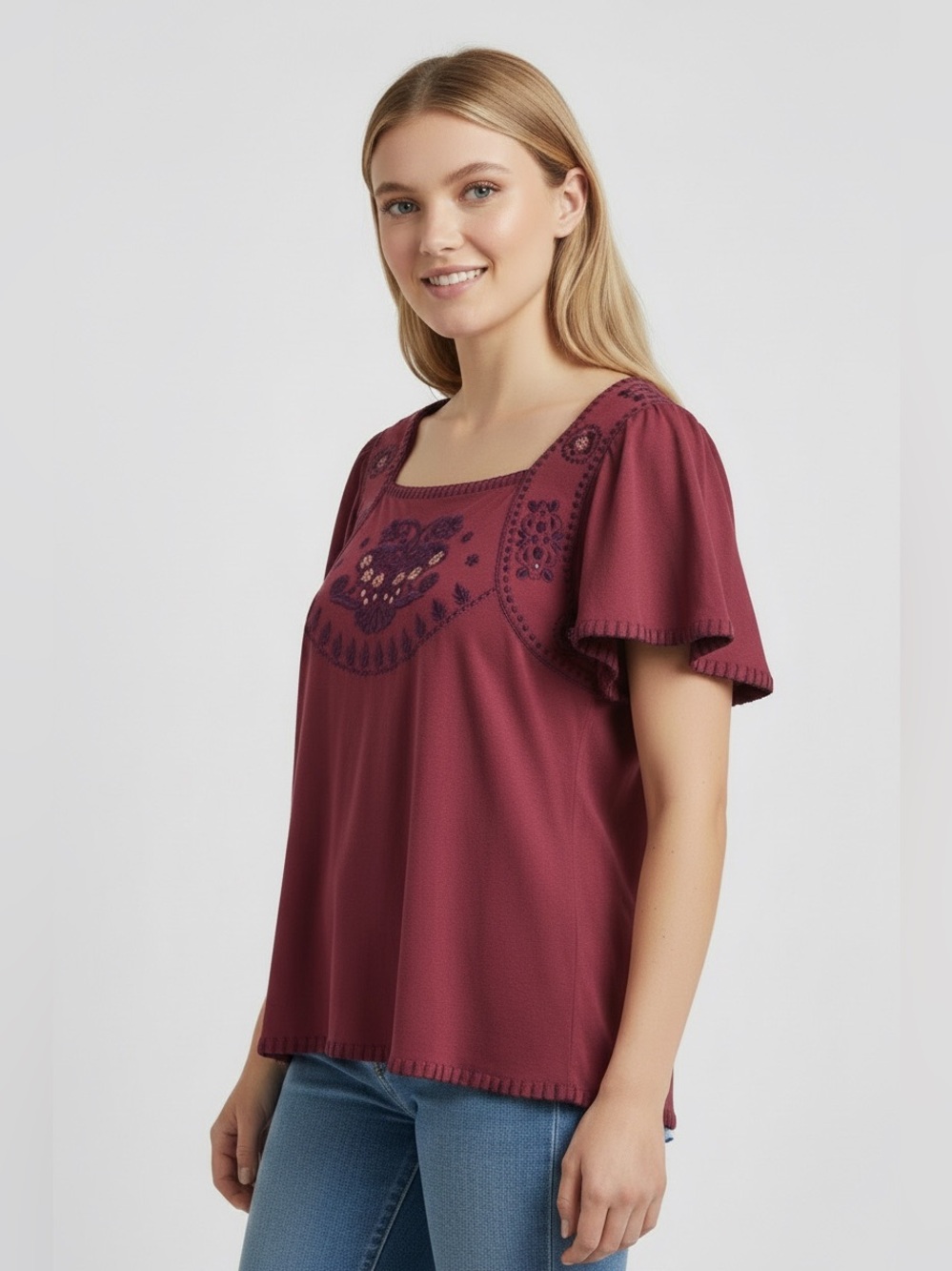 C Keer | Burgundy Embroidered Short Sleeve Cotton Top S